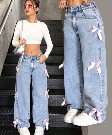 Teen Girls Y2K Trending Stonewashed Baggy Denim Straight Leg Jeans Pants With Bowknot Decorated Pockets,Girls Fall Clothes Back To School Outfits