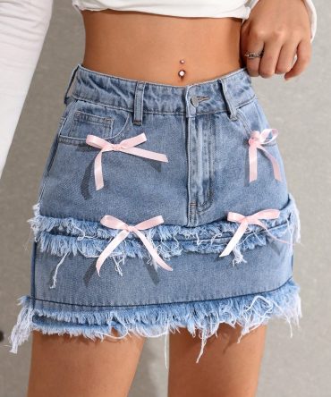 Teen Girl Y2K Trending Raw Hem Bowknot Decor Denim Mini Skirt With Slanted Pocket