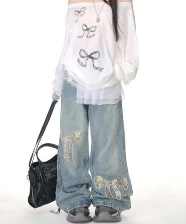 Tween Girls' Loose All-Match Wide Leg Jeans With Embroidered Bow Cute Cartoon Fashion Trends